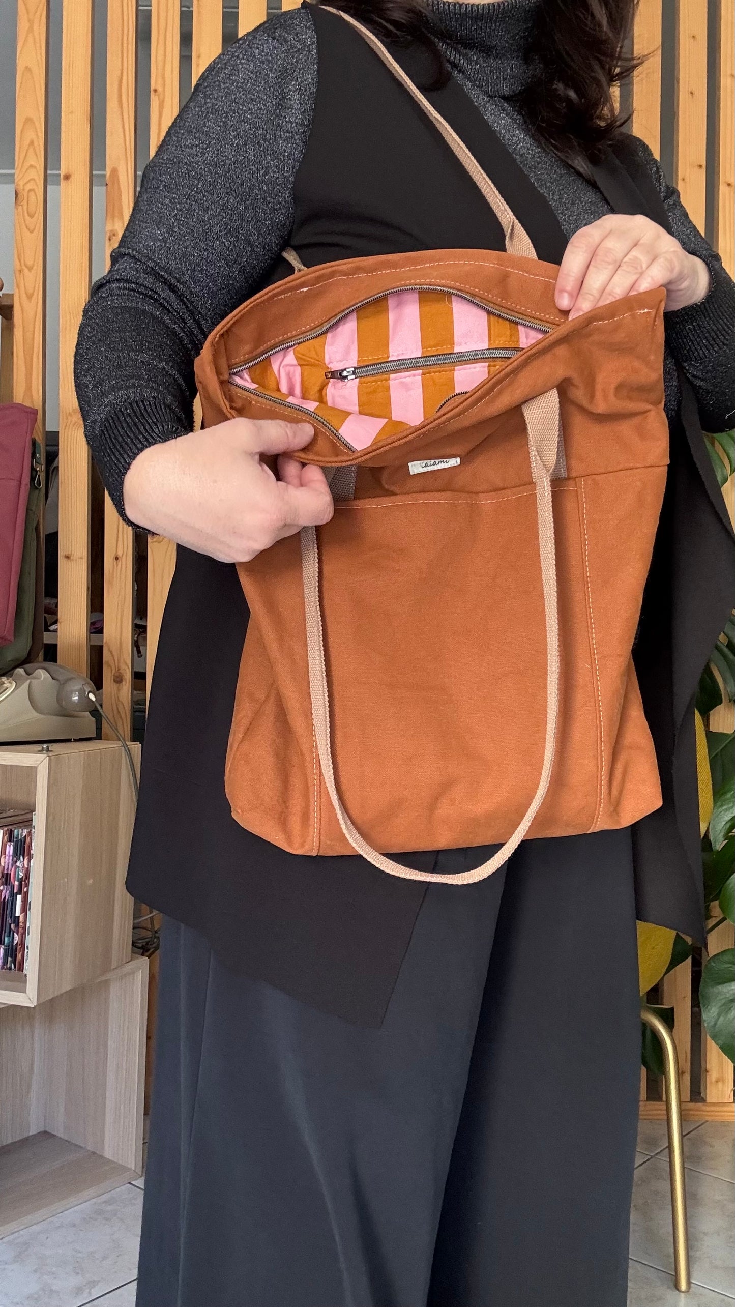 Tote Bag Tamalito - Terracotta /Cammello & rosa (Stripes)
