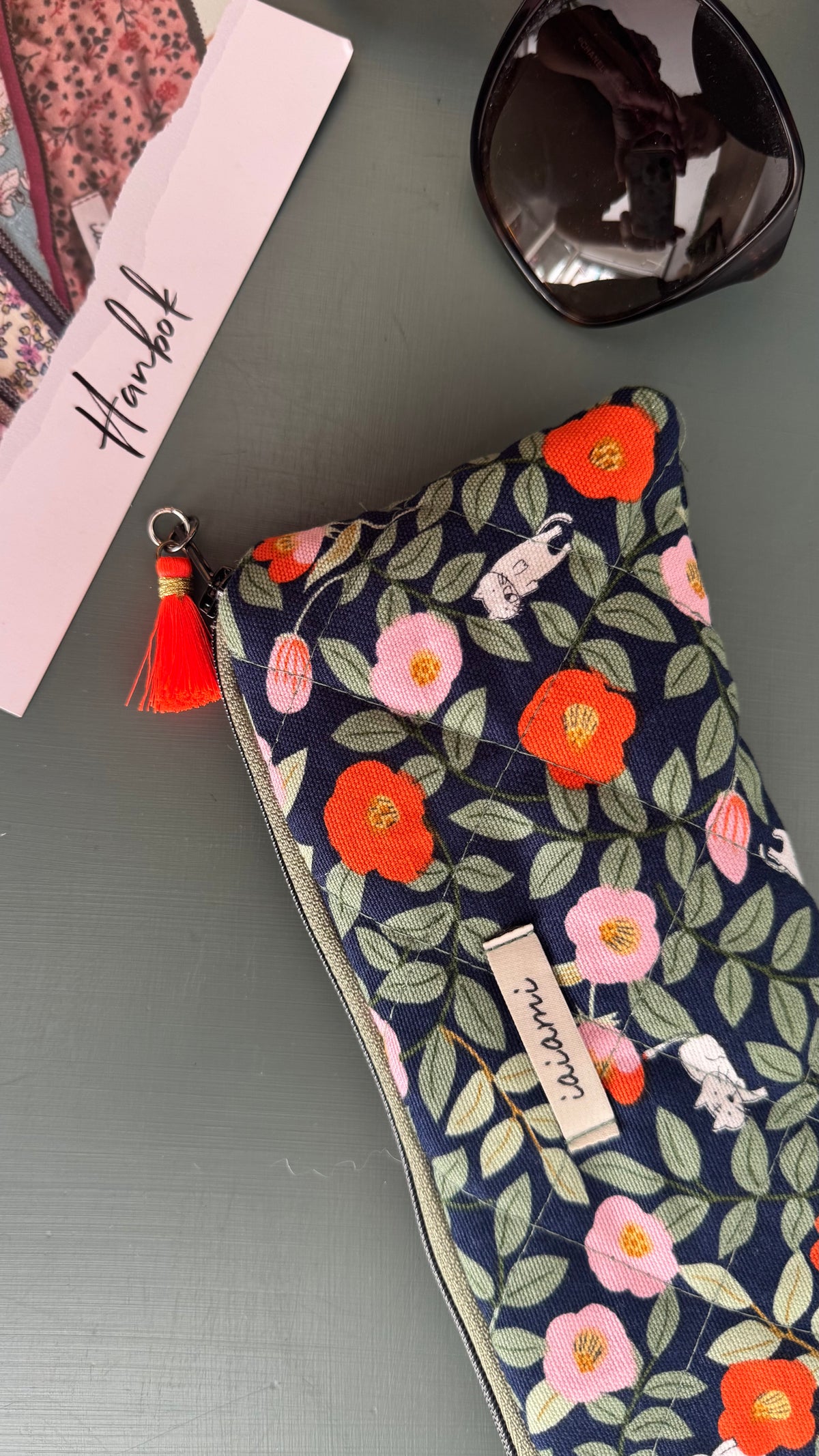 Astuccio trapuntato (Porta occhiali) - Fiori Arancio Verde  (Hanbok)