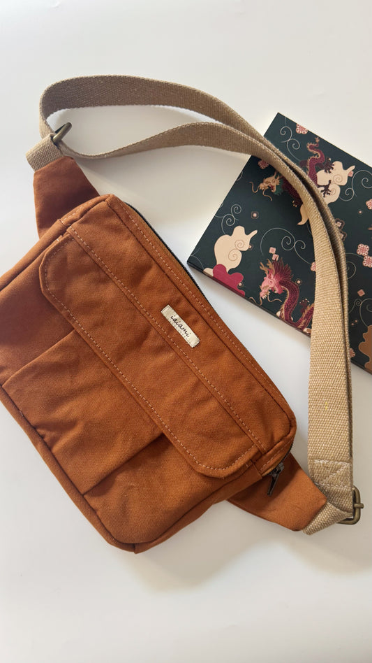 Marsupio Tamalito (taglia S/M) - Terracotta/righe Cammello e grigio (Stripes)