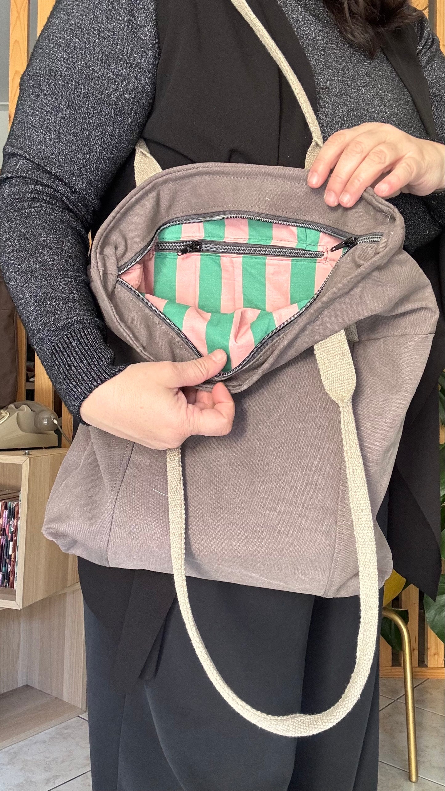 Tote Bag Tamalito - Grigio /Verde & rosa (Stripes)