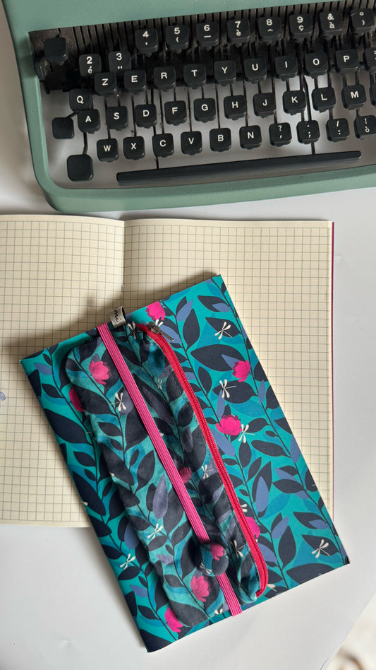 Kit Quaderno + Segnalibro + Astuccio mini - Magnolie e libellule (turchese)