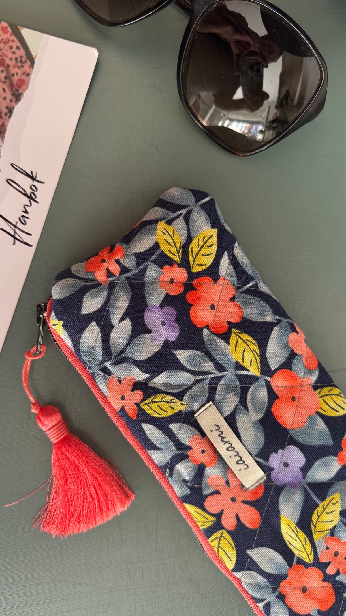 Astuccio trapuntato (Porta occhiali) - Fiori Arancio Blue  (Hanbok)