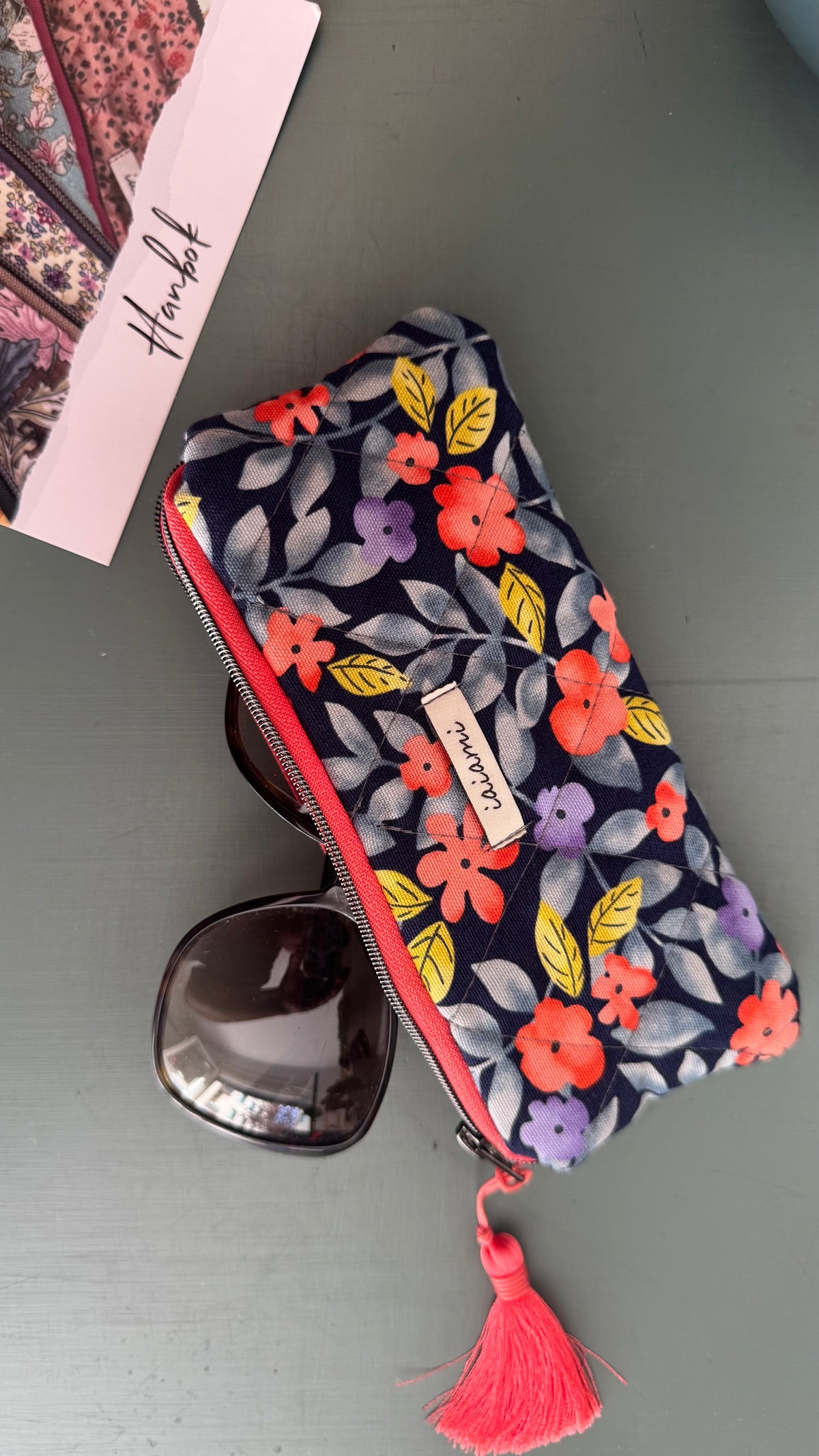 Astuccio trapuntato (Porta occhiali) - Fiori Arancio Blue  (Hanbok)