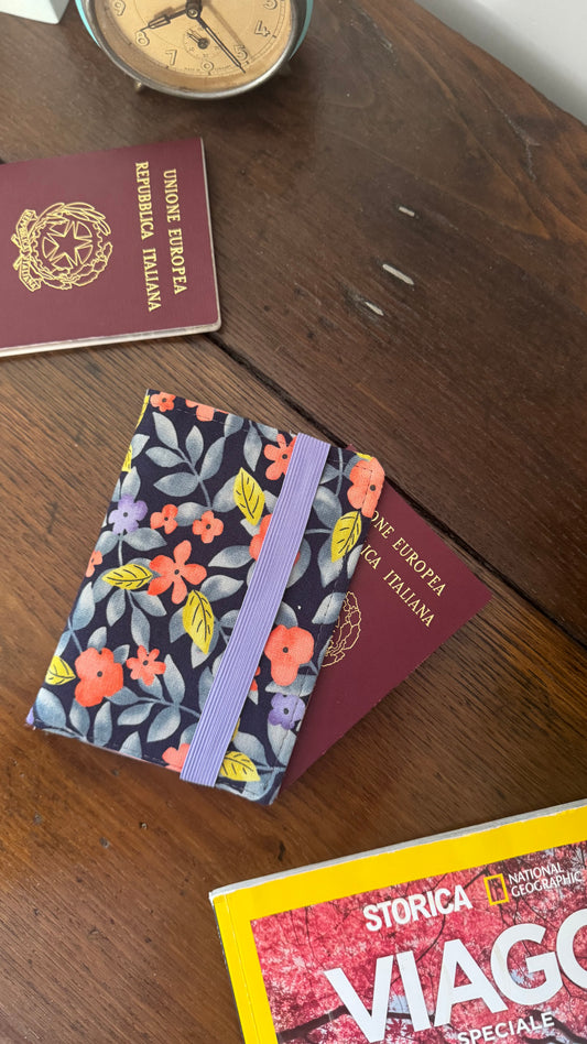 Porta Passaporto -  Fiori Arancio Blue (Hanbok)